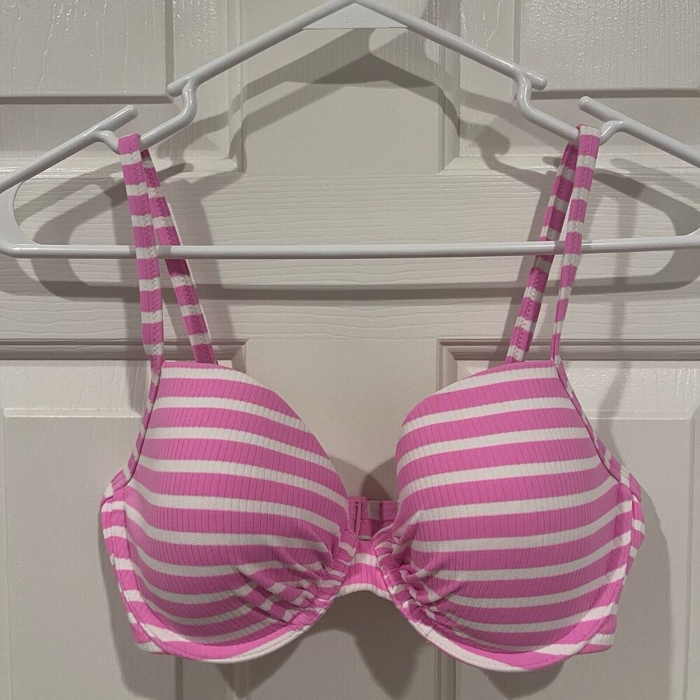 32DD Aerie Womens Pink/White Striped Lightly Padded Underwire Bikini Top